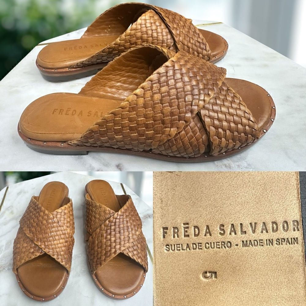 🔥🔥 Freda Salvador Dew Leather Woven Studded Slides Sandals Slip-on Size 5